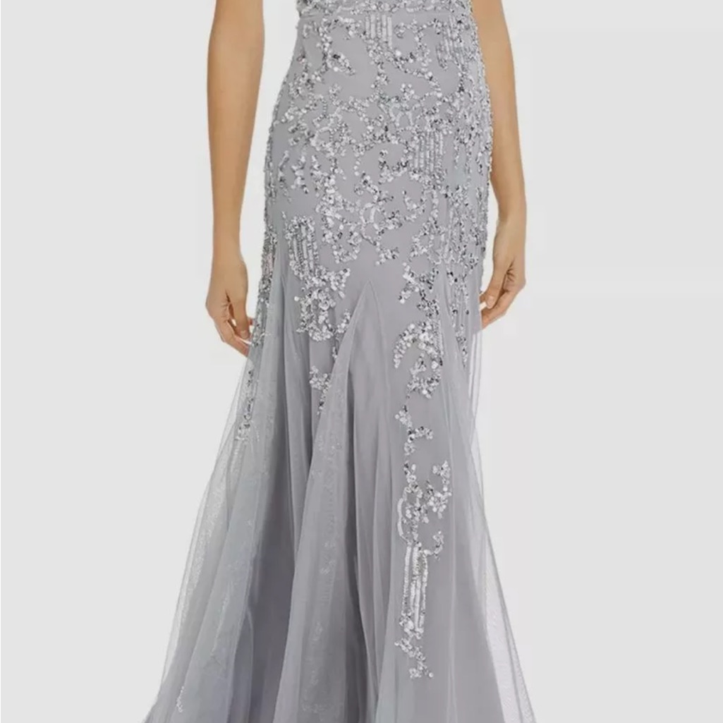 Nwt Adrianna Papell Silver Mist Beaded Godet Gowndress